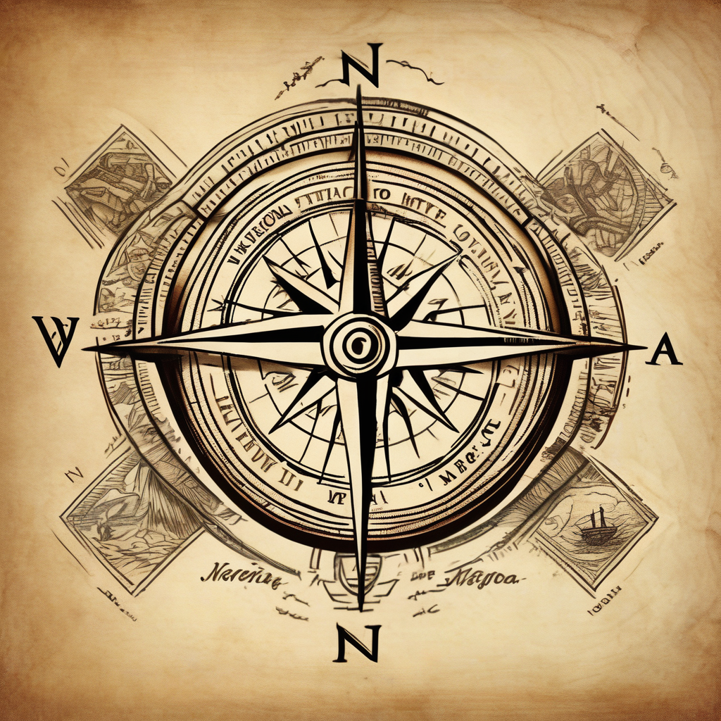 Compass on the hand in the shape of Nigeria with longitude written on the top and latitude written on the bottom. Draw lines from a treasure map connecting from the arm to the tattoo english dragon tattoo, design de tatouage Old school généré par IA